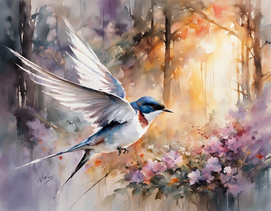 Swallow in Cedar Forest: Watercolor Painting