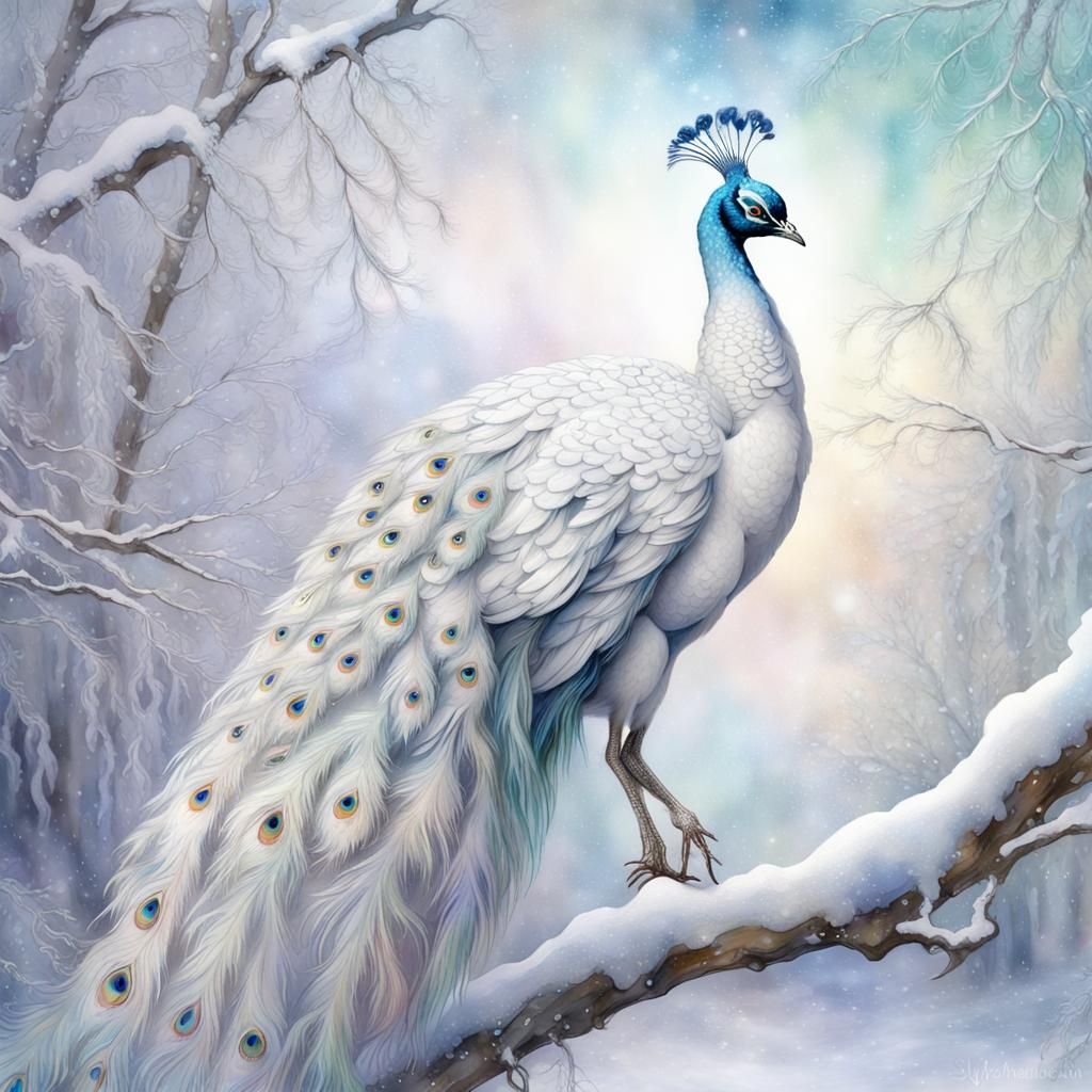 Icy Victorian Peacock in Dreamy Watercolor Style