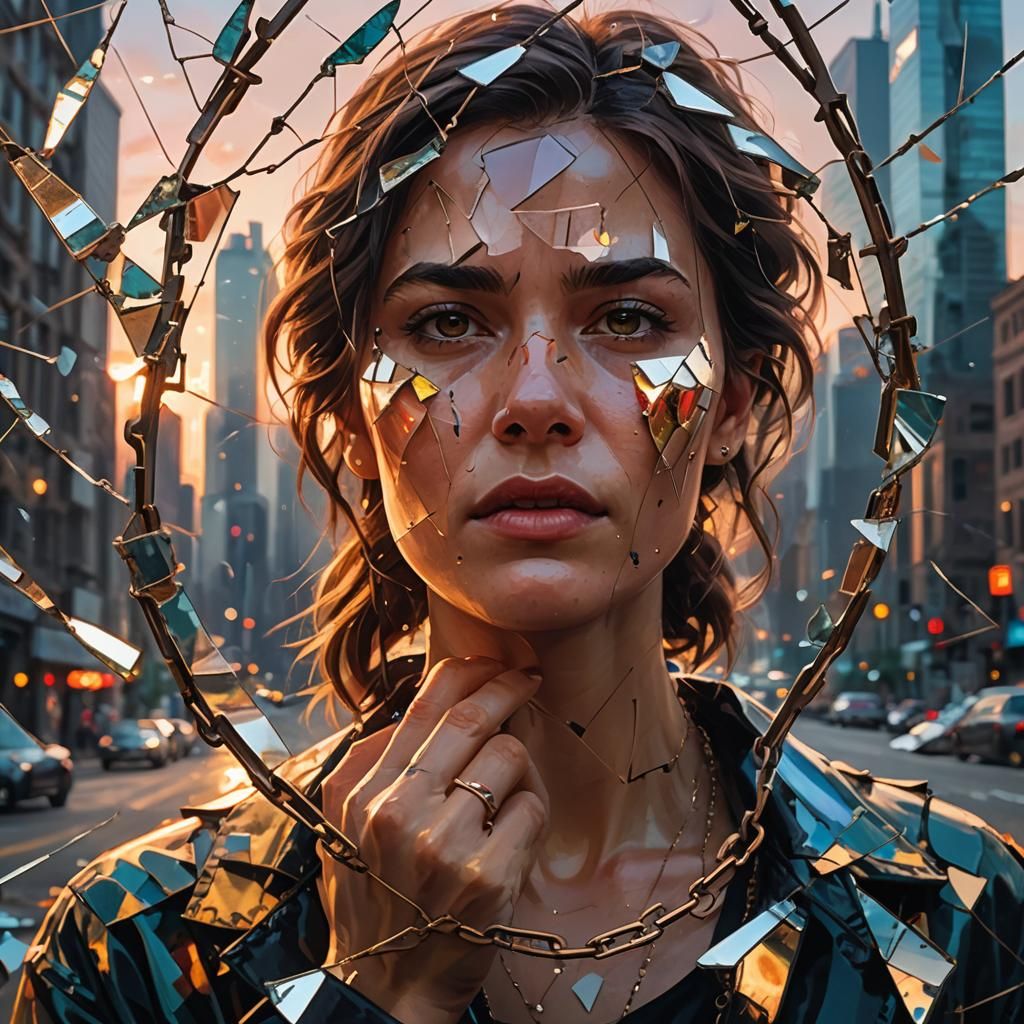 Woman with Broken Chain in Shattered Mirror
