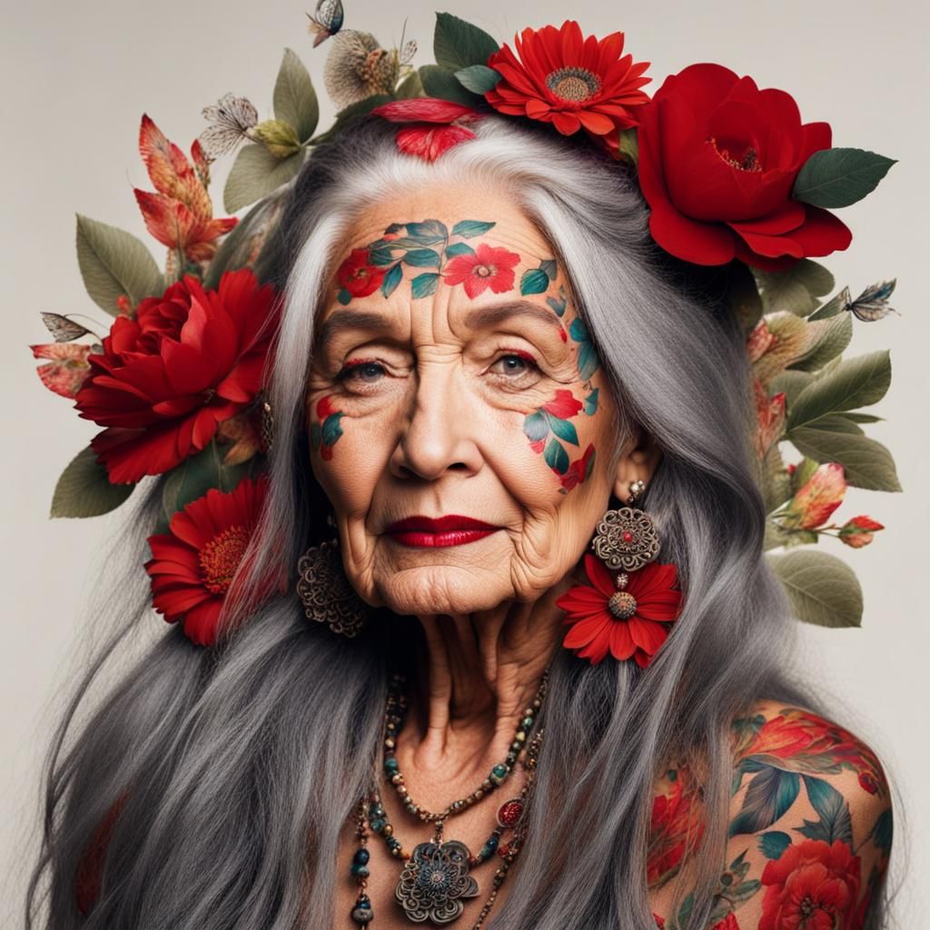 Bohemian Flower Tattooed Woman with Red Lips