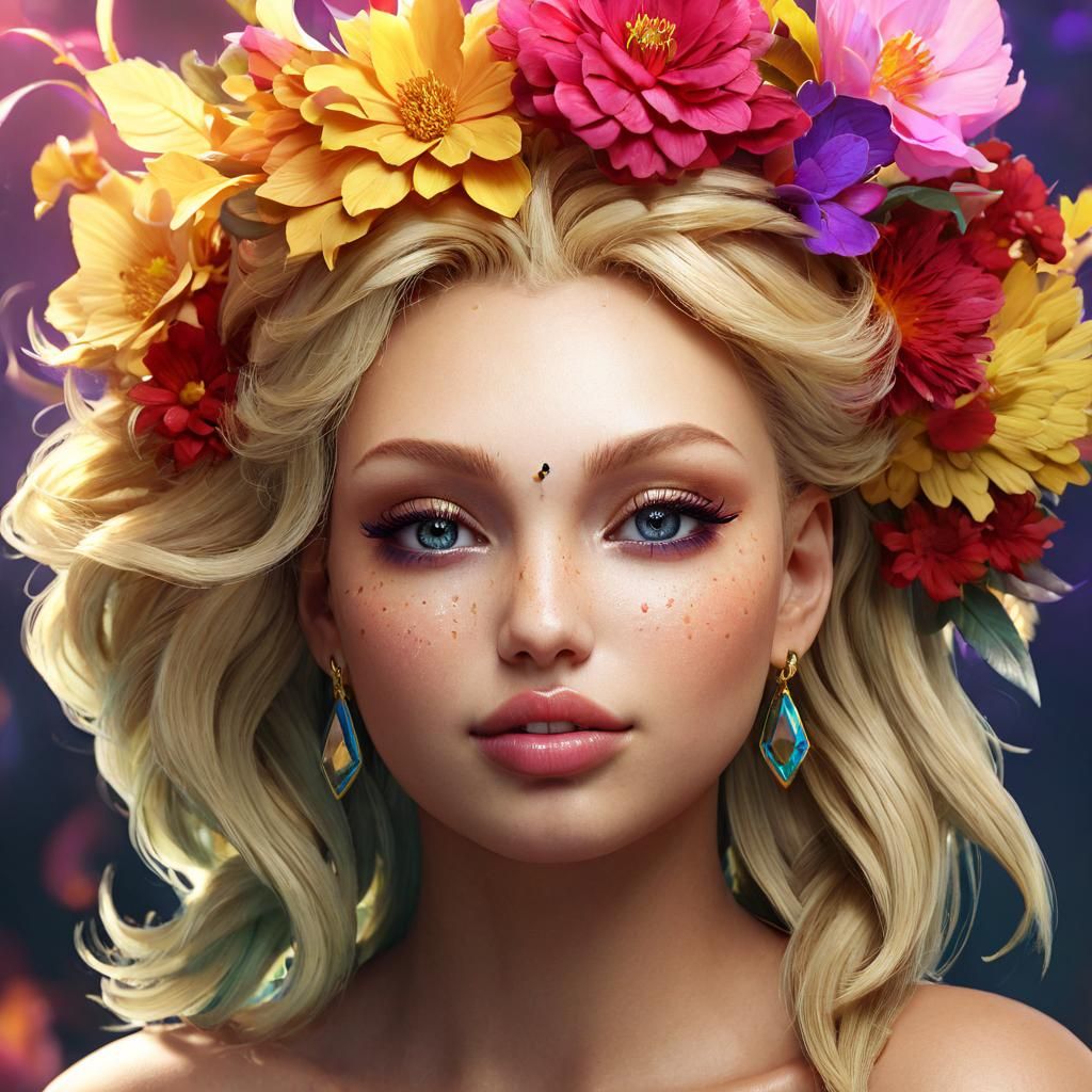 Ethereal Blonde Portrait with Flower Wreath in Art Nouveau S...