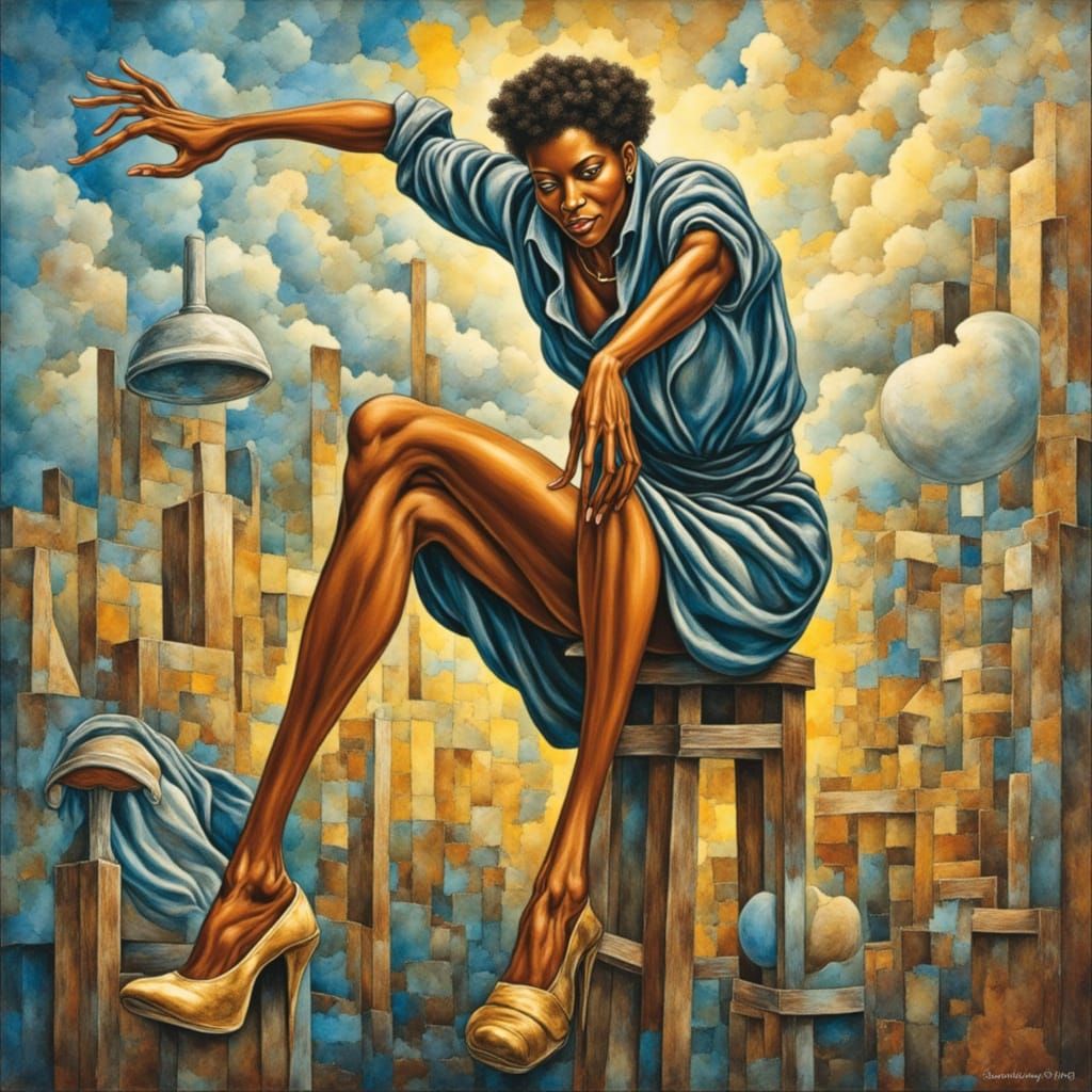 Expressionist Woman on Futuristic Platform as Oil Painting