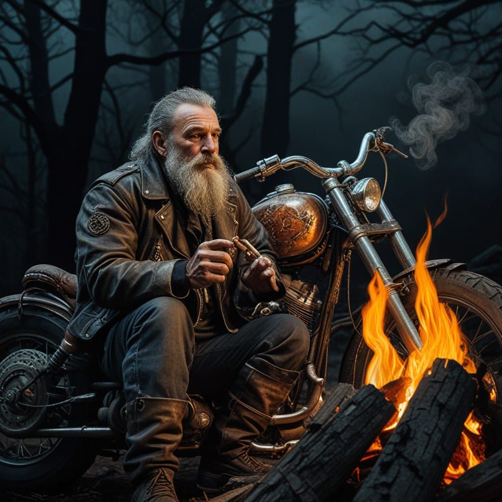 Very Rugged old biker, scraggy beard and long hair, sat by t...