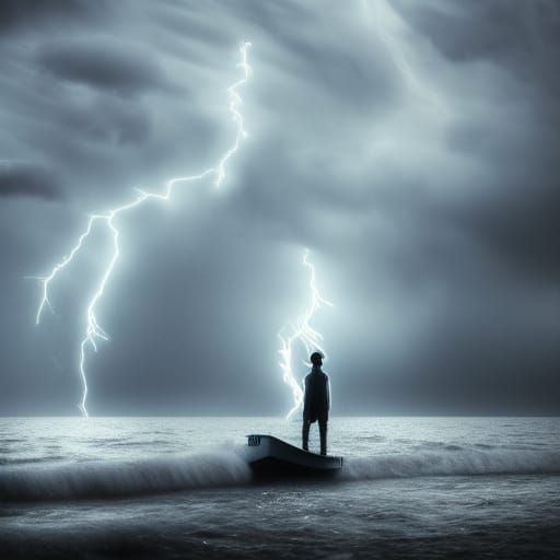 Ghostly Figure Navigates Stormy Sea