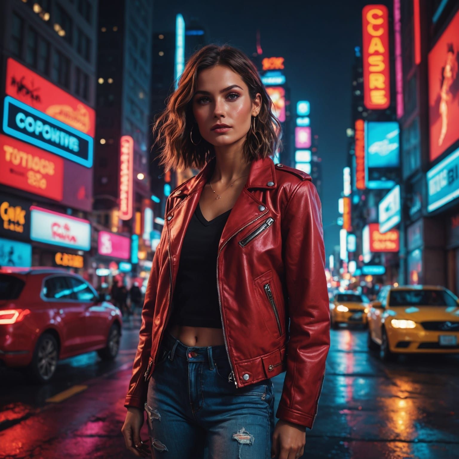 Fashionista in Red Jacket in Neon Cityscape