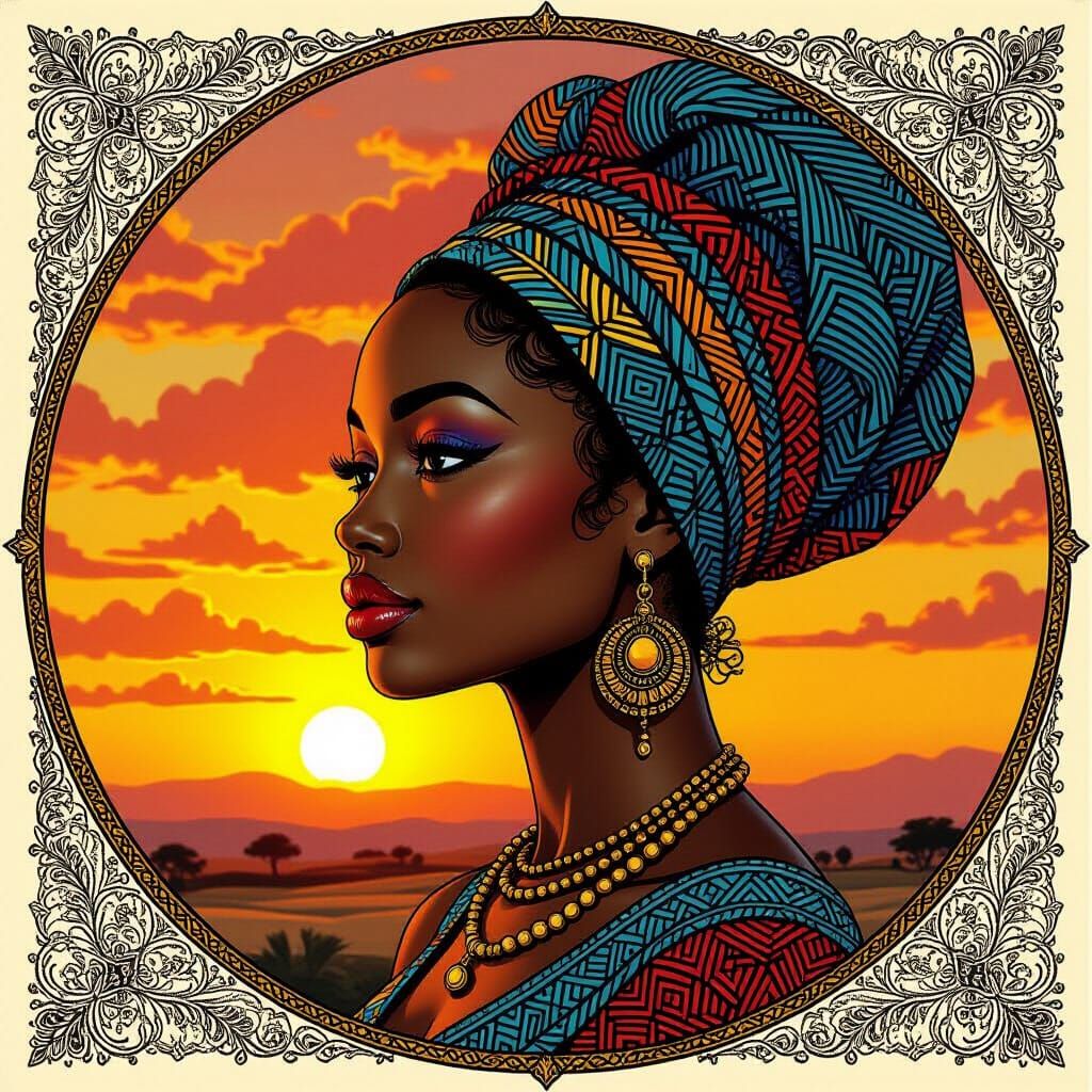 Intricate Line Art of African Woman at Sunset