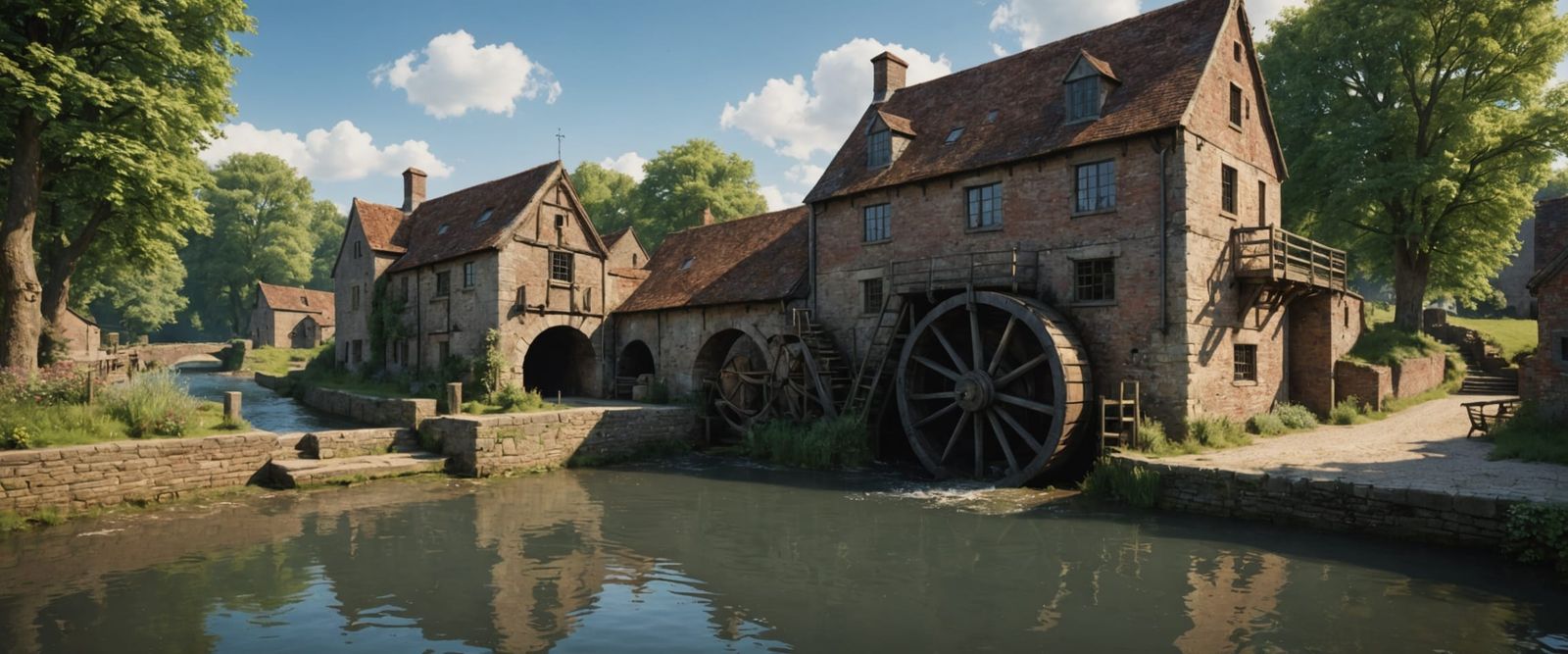 Vibrant English Canal Scene with Ancient Water Mill in Hyper...