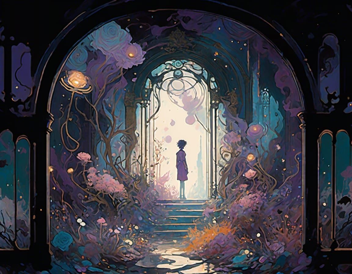 Surreal Portal Dreamscape with Ethereal Flowers