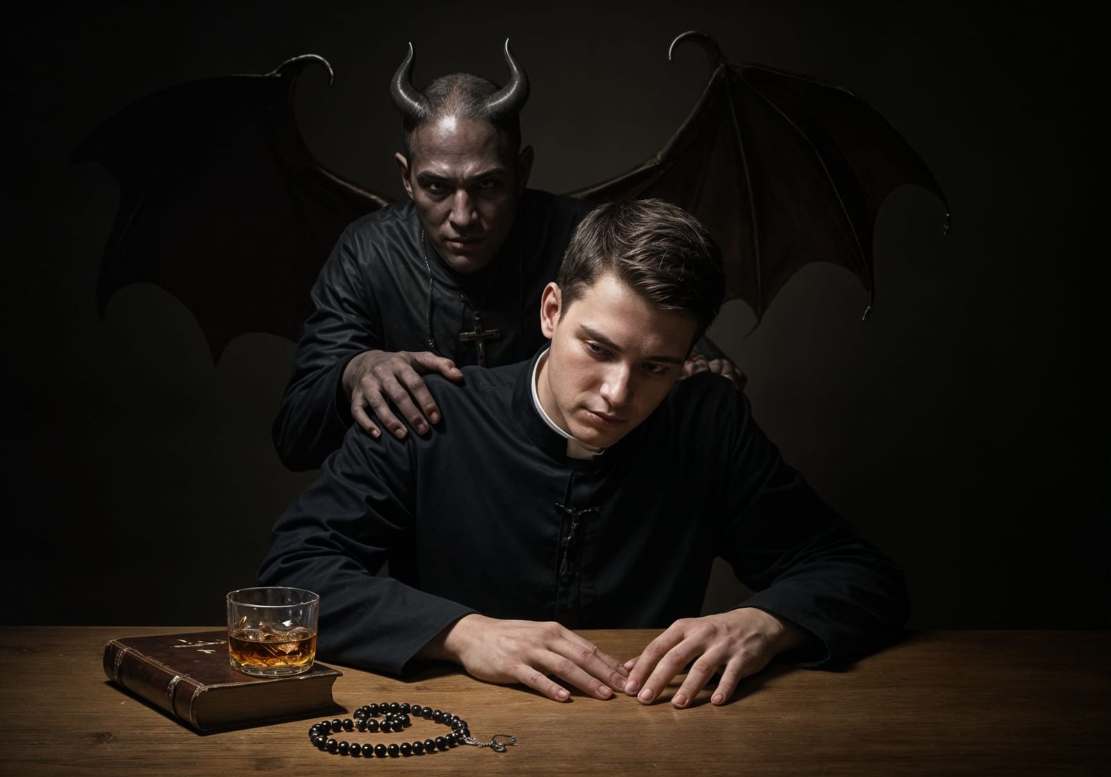 Sad Priest with Satan in Dark Lighting