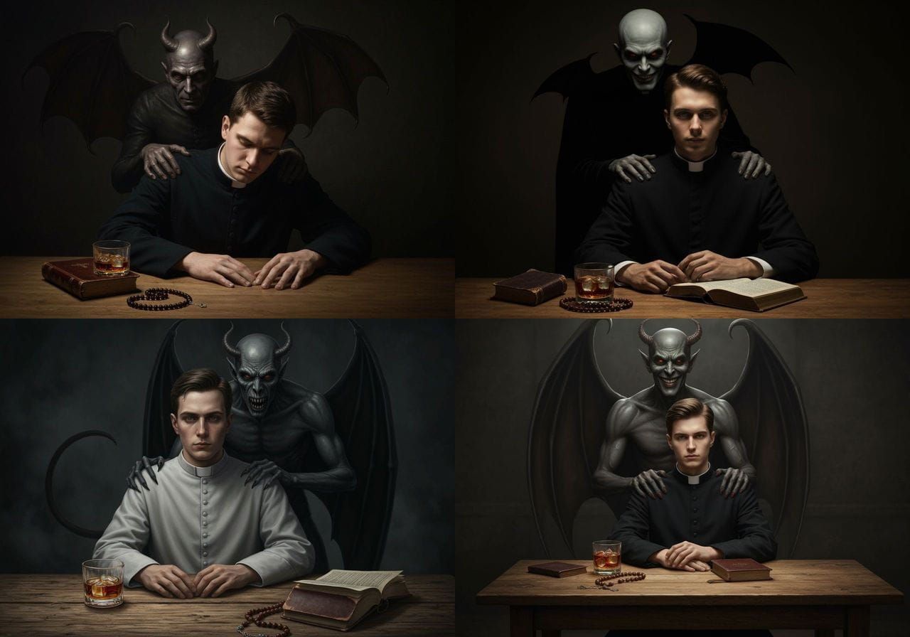 Sorrowful Priest Tempted by Satan in Dark Lighting