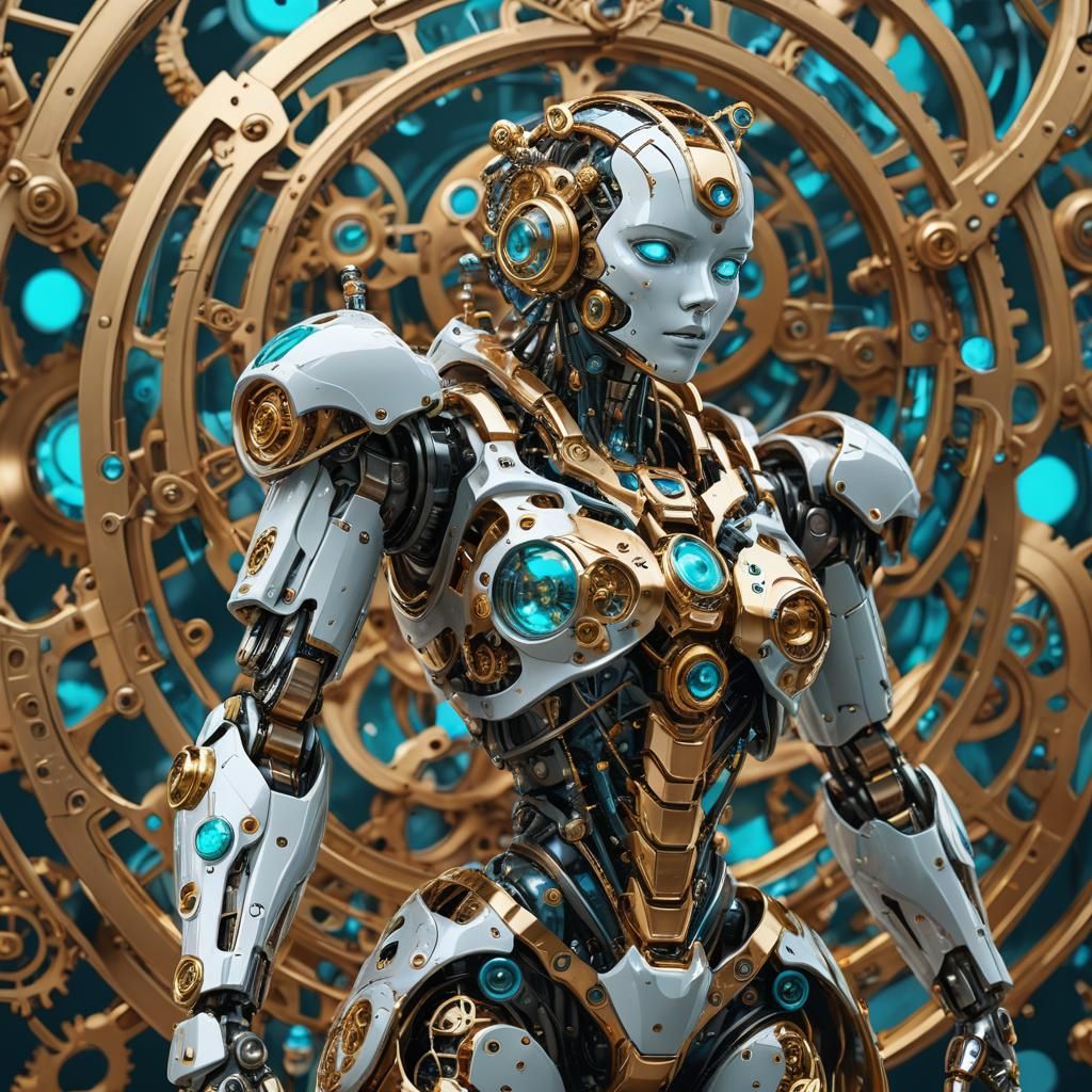 Female Robot with Clockwork Mechanics in Photorealism