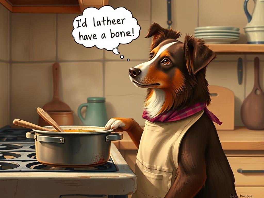 Brown Australian Shepherd Cooks Vegetable Soup in Cozy Count...