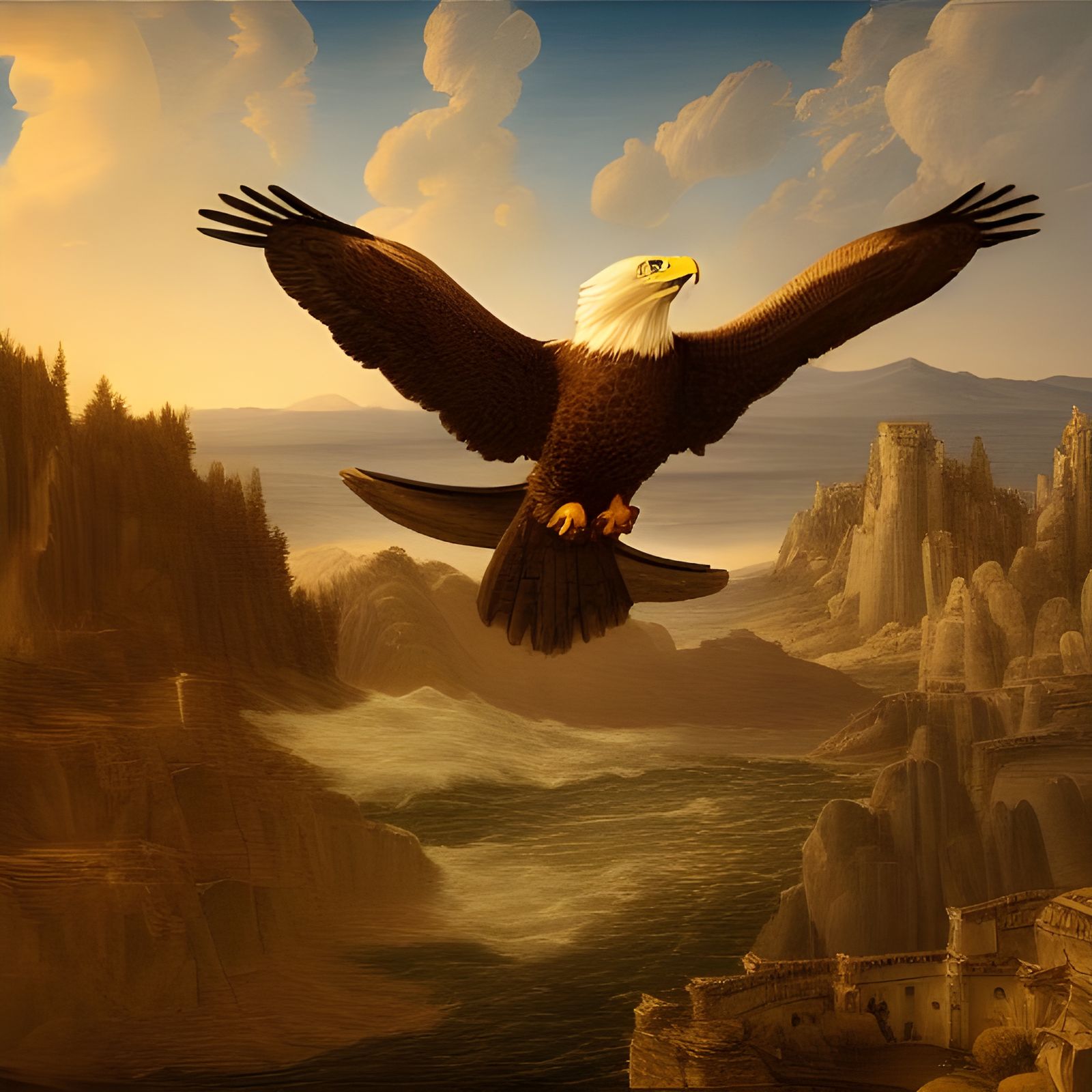 Majestic Eagle Soaring Towards the Sun: Photorealistic Art