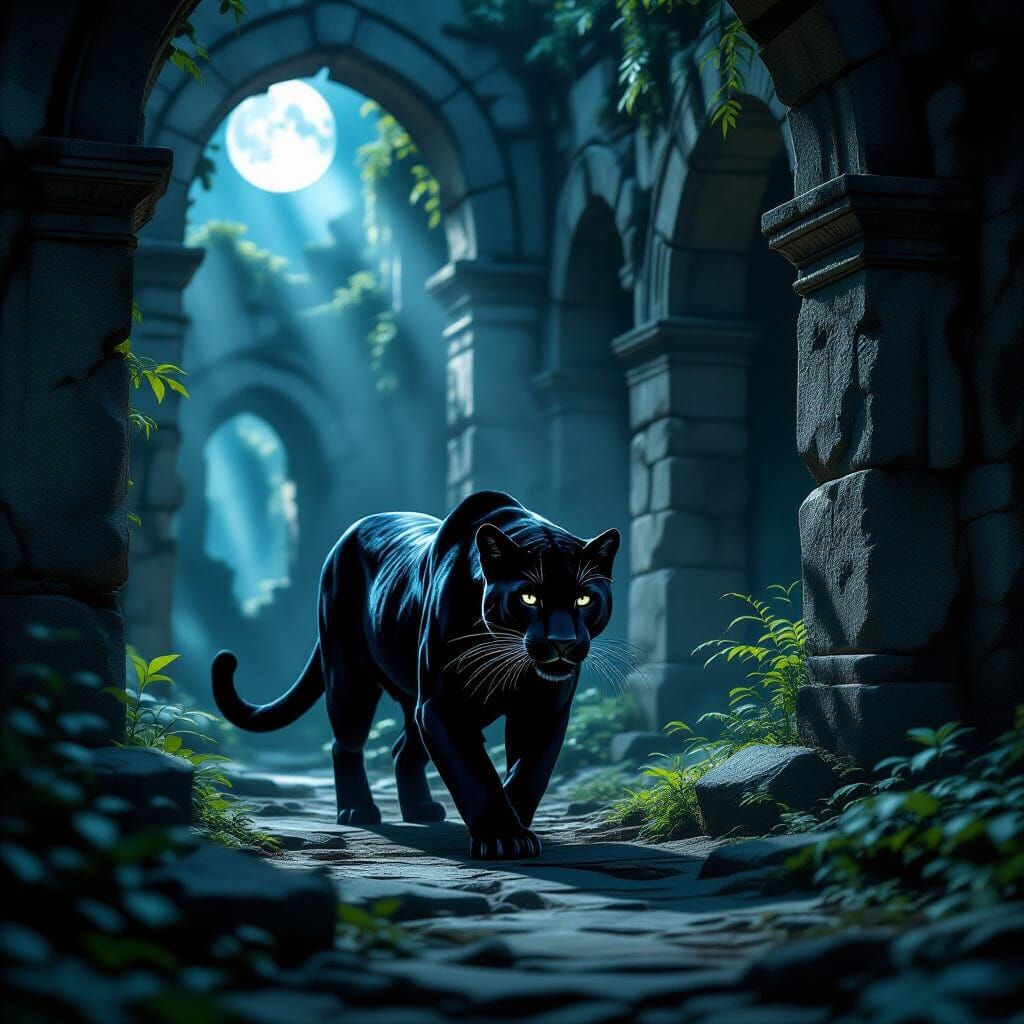Obsidian Panther in Ancient Temple Ruins at Moonlight