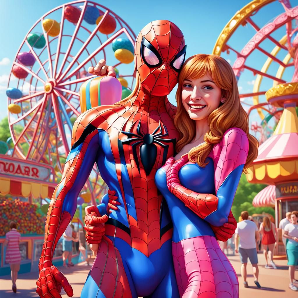 Spiderman and Mary jane Wattson at an amusement park