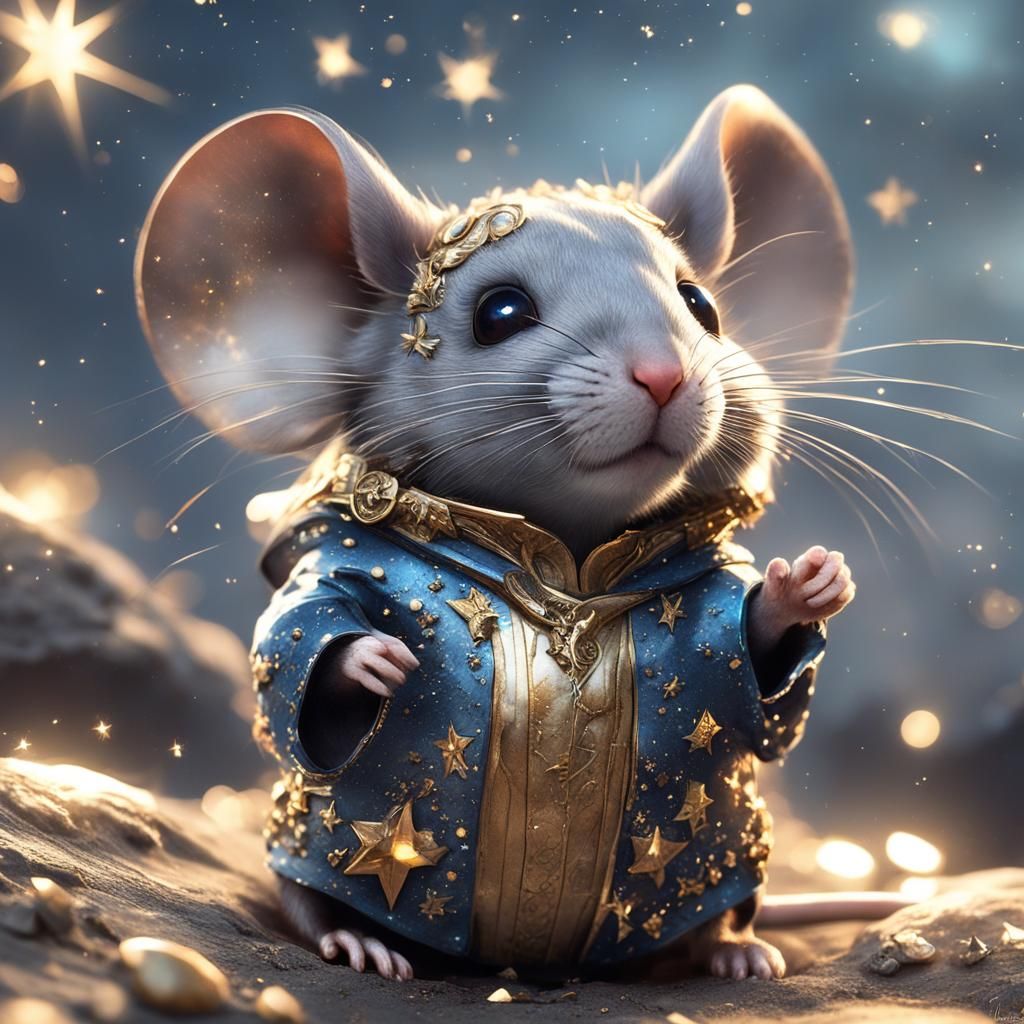 Chibi Mouse Watches Shooting Star, Digital Painting