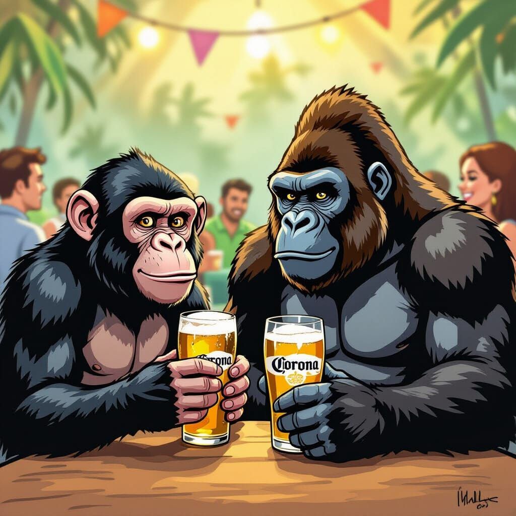 Monkey and Gorilla Party with Corona Beer Comic Art