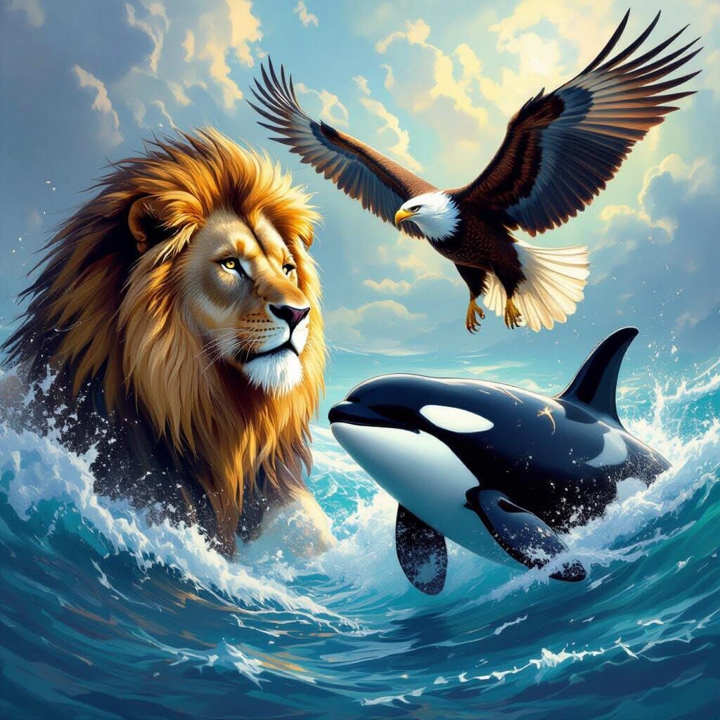 Lion, Eagle, and Orca Swim Together in Fantasy Digital Art