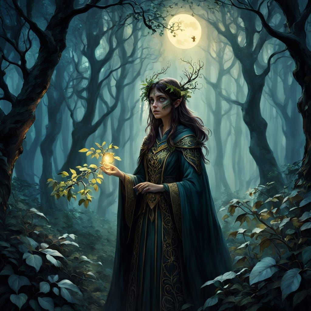 Sorceress in Moonlit Forest