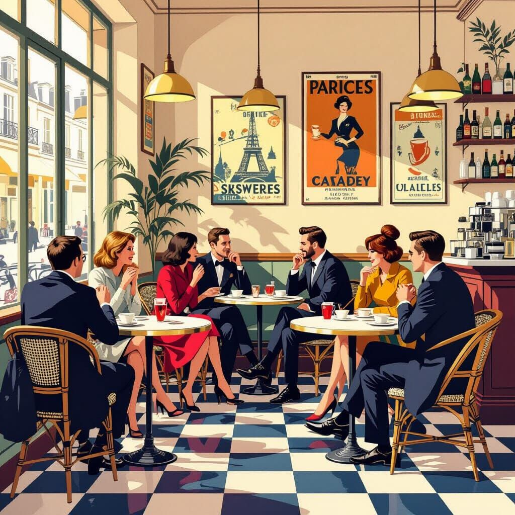 1960s Parisian Cafe Scene in Flat Graphic Style