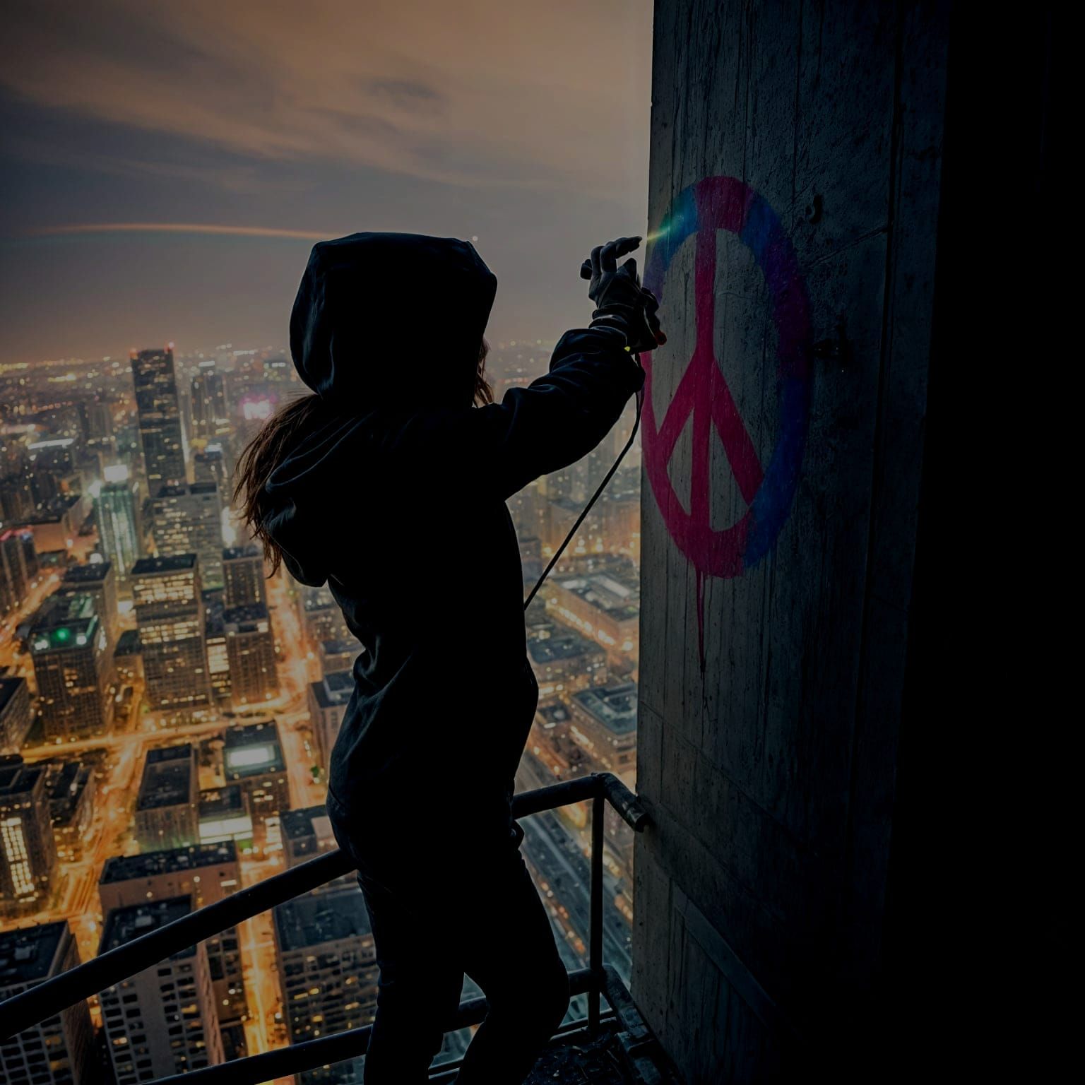 Girl Spray-Painting Peace Sign on High-Rise, Steampunk Style