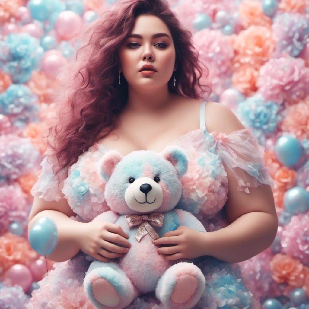 Plus Size Woman with Teddy Bear in Pastel Colors