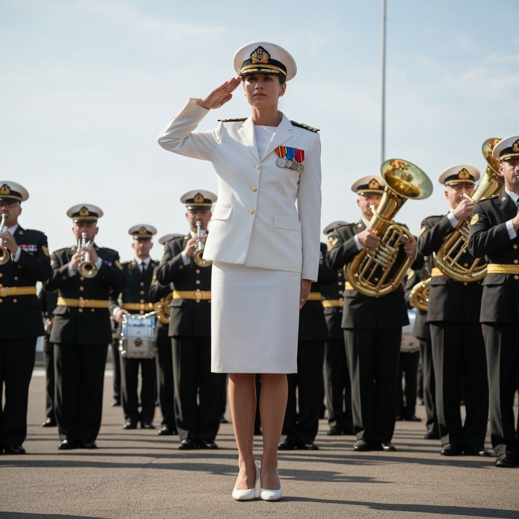 Female Navy Officer Salutes Brass Band in Sunny Afternoon
