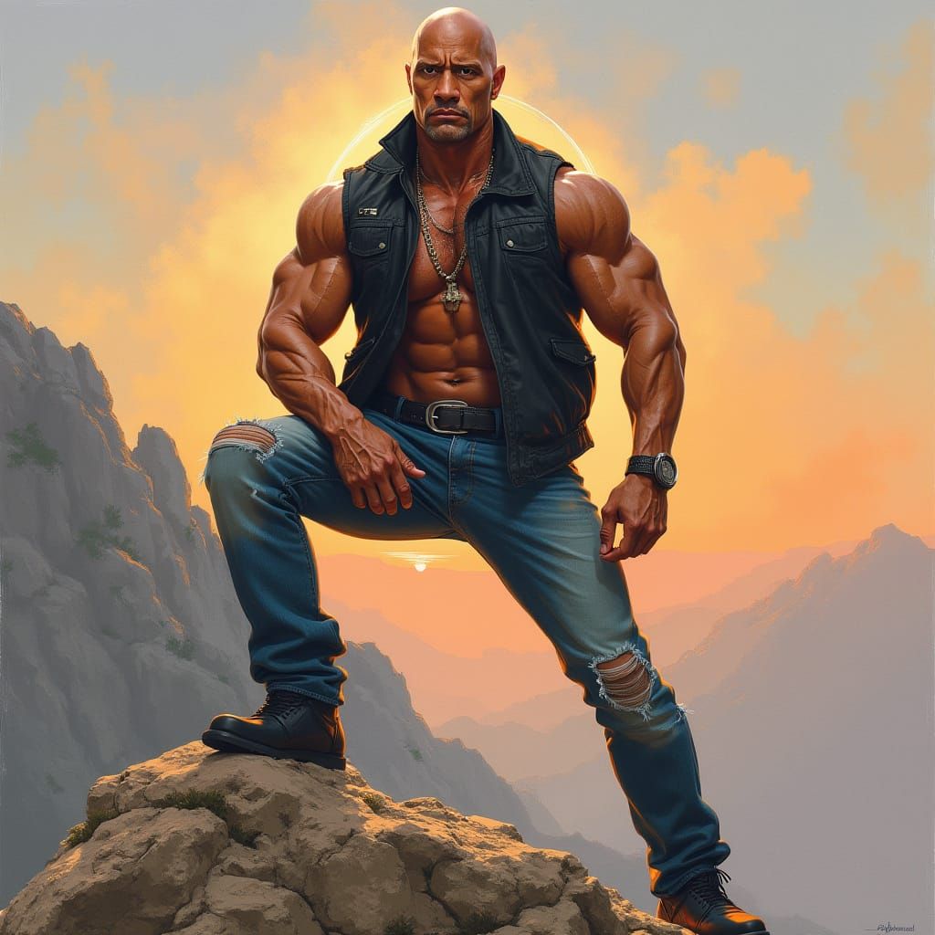 The Rock Heroically Poses on Granite Rock Formation