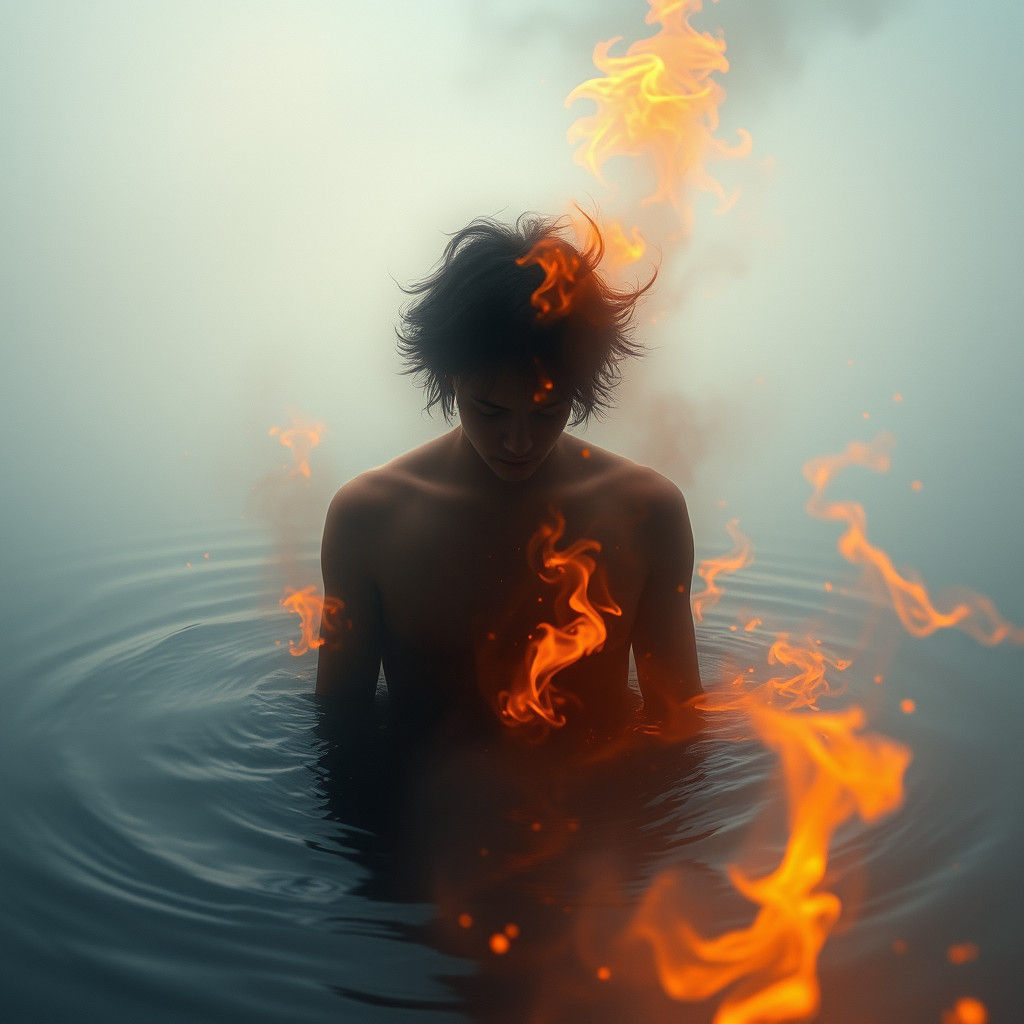 Surreal Figure Between Water and Fire