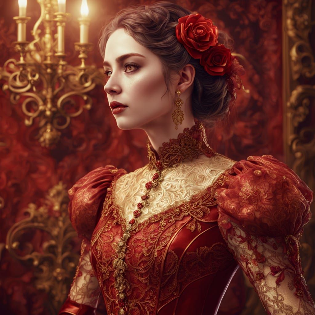 Woman in Opulent Red Victorian Dress, Digital Painting