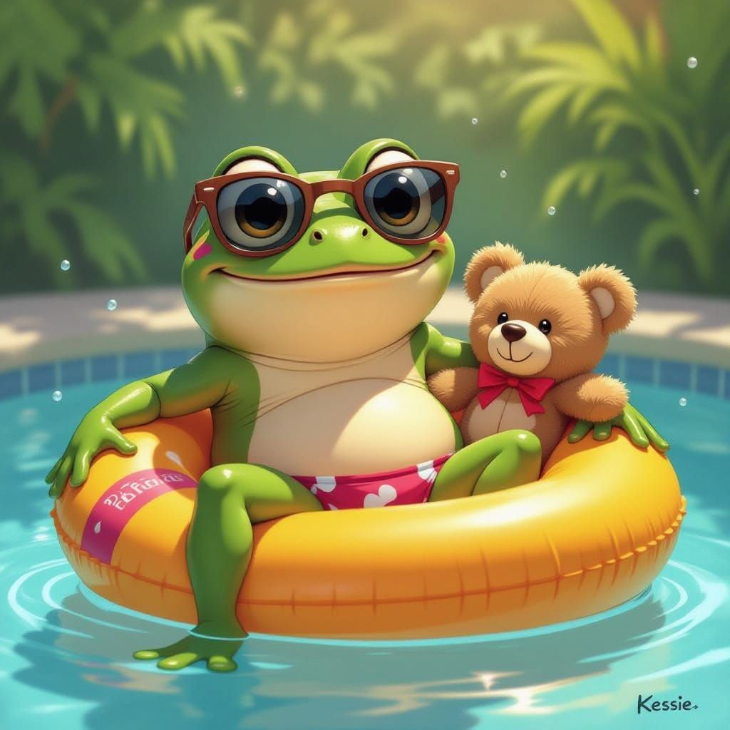 Frog and Teddy Bear Relaxing on Inflatable Raft in Pool