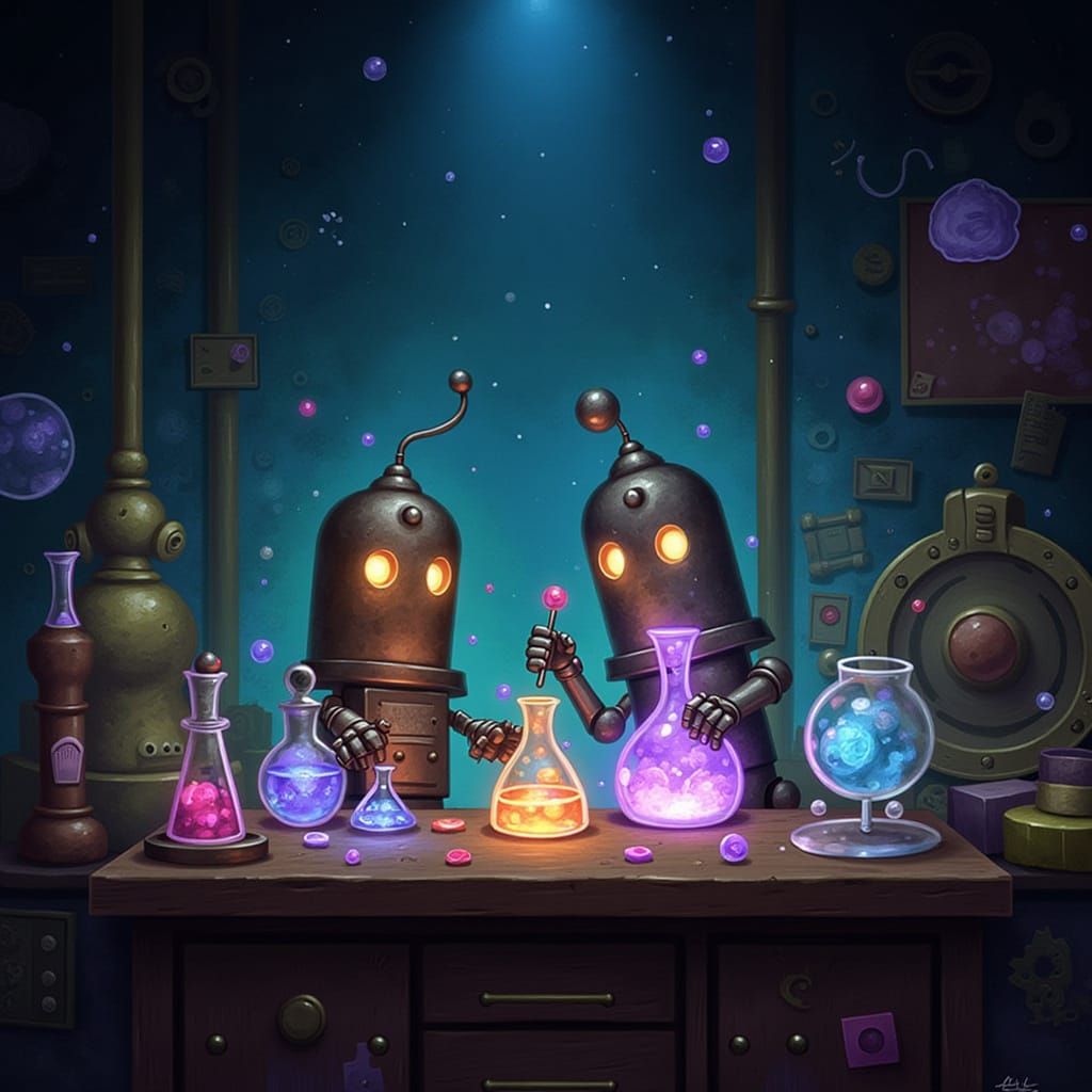Tiny Robots Brew Magical Potions in Steampunk Workshop