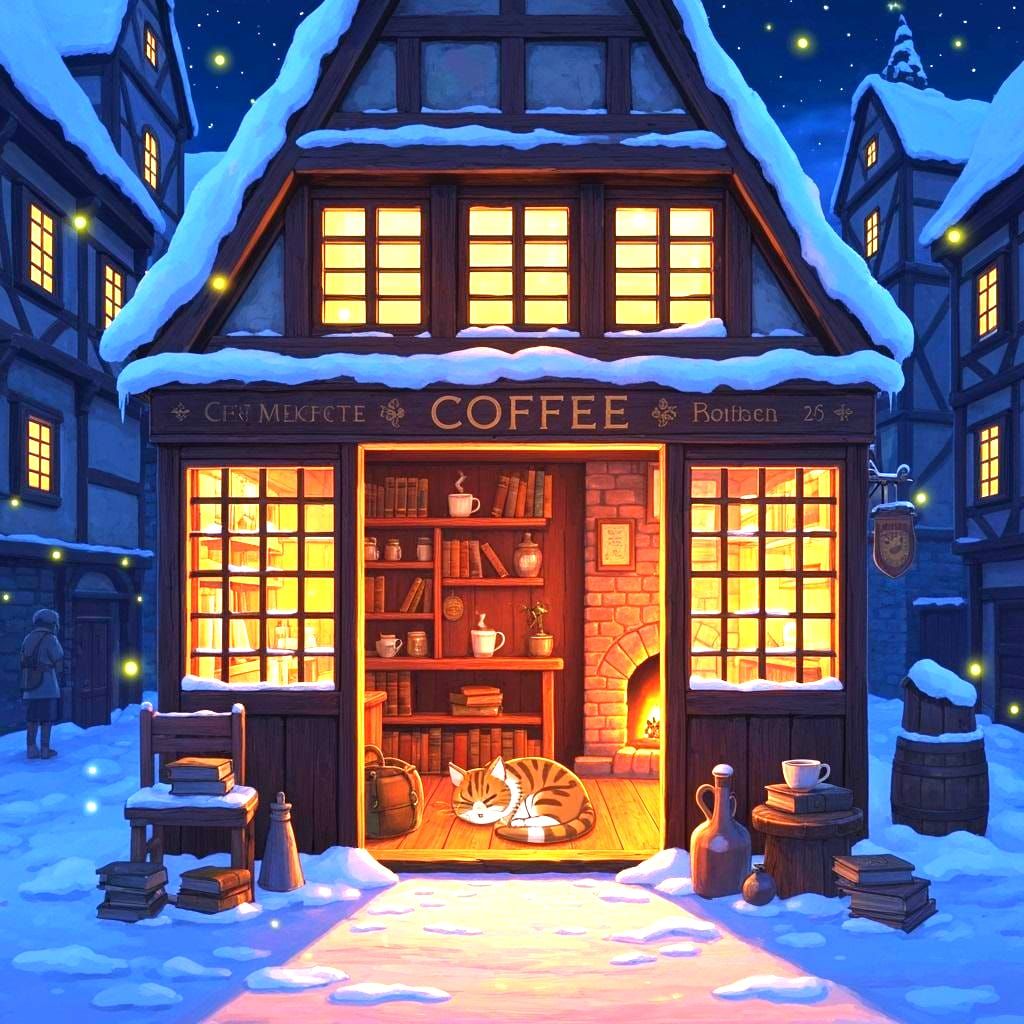 Cozy Coffee Shop in Snowy Village, Ghibli Style