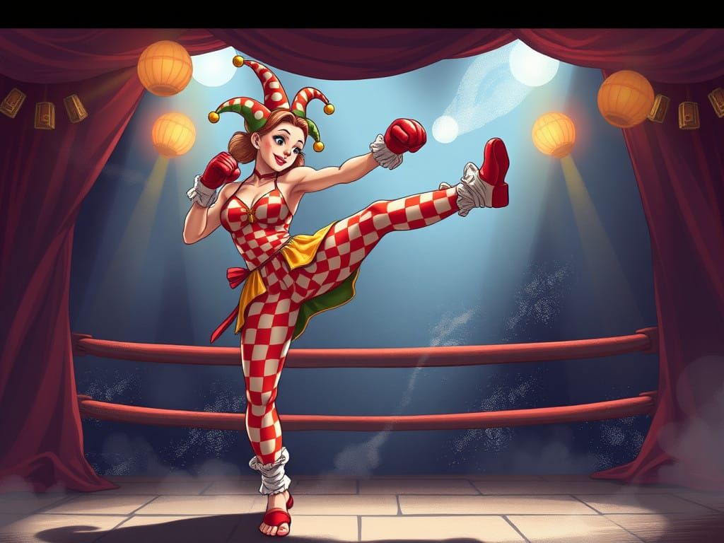 Kickboxing Clown in Vibrant Anime Style