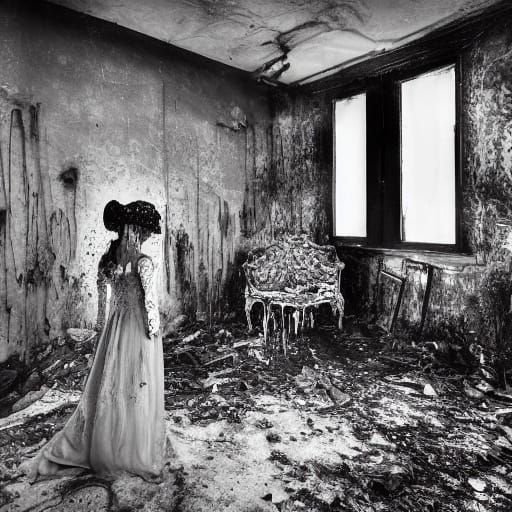 Gothic Model in Decaying House with Neon Light