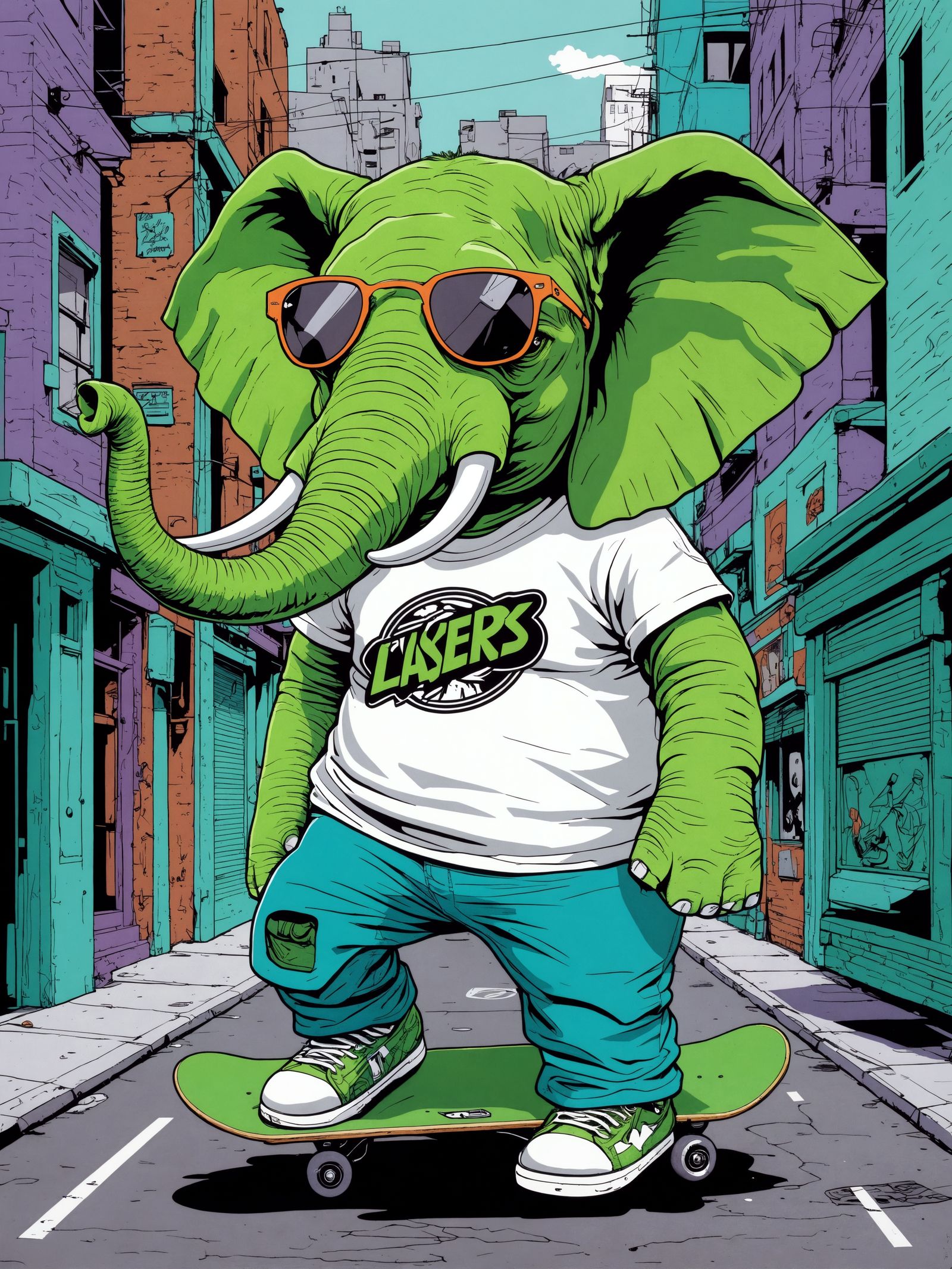 Green Elephant with Skateboard and Lasers