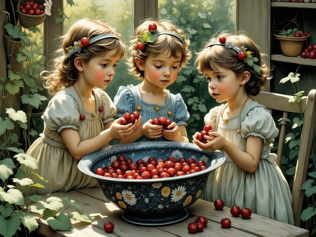 Children Enjoying Cherries in Garden by Soft Evening Light