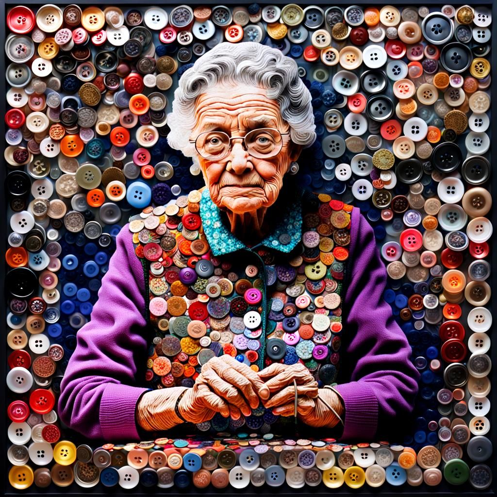 Grandmother Portrait Made of Recycled Buttons and Coins