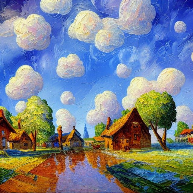 Village in the Clouds: An Expressionist Oil Painting