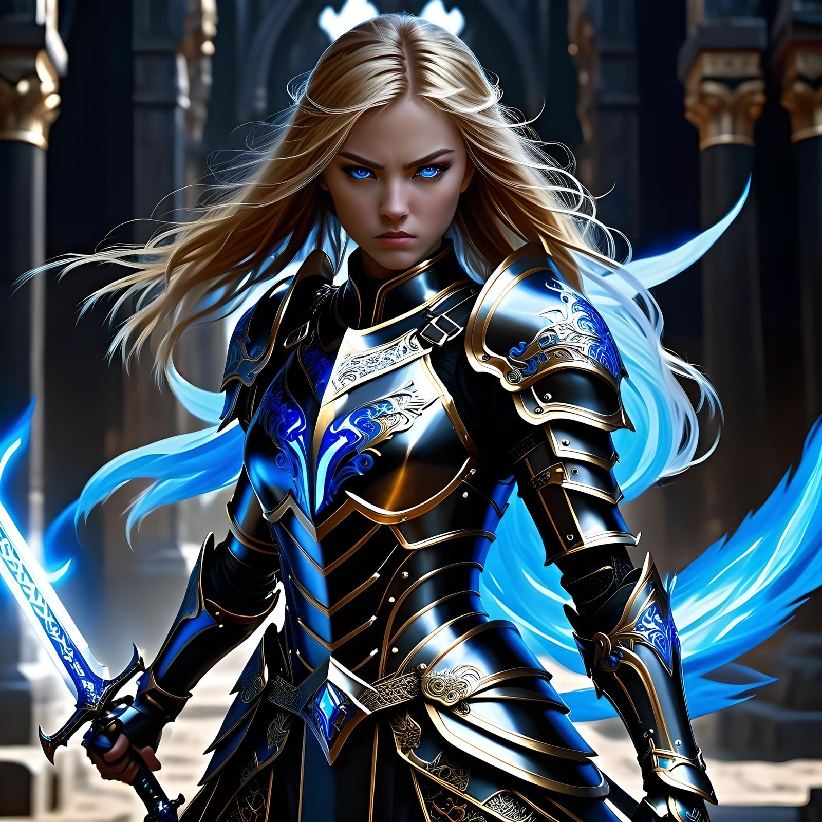 Epic Female Paladin in Black Steel Armor