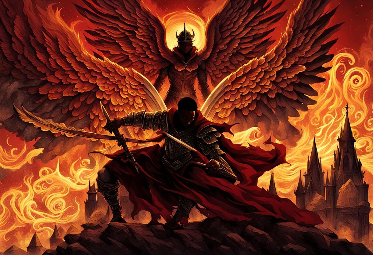 Dark Fantasy Angel with Sword and Fiery Wings