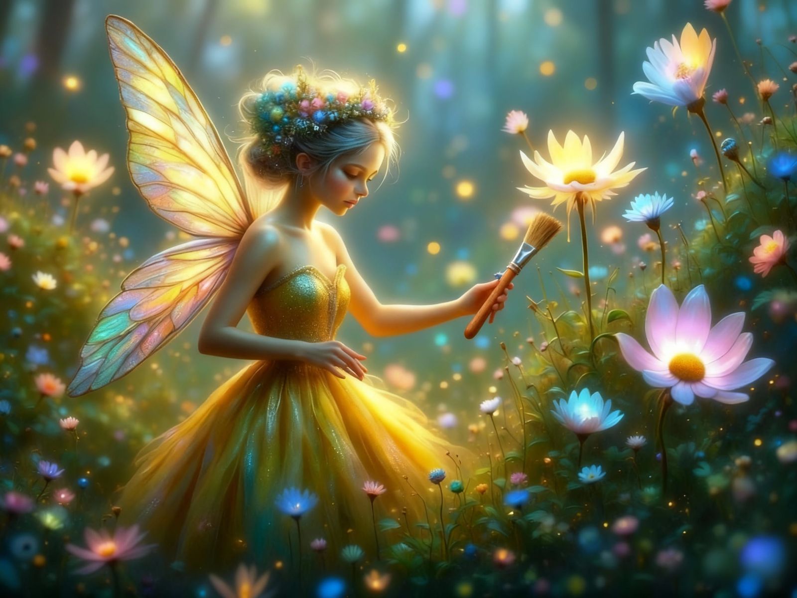 Fairy Painting Flowers With Bioluminescent Colors