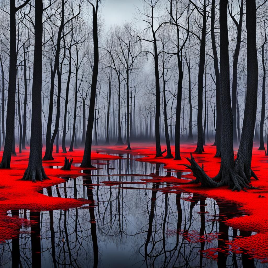 Eerie Red Cubist Swamp Dreamscape