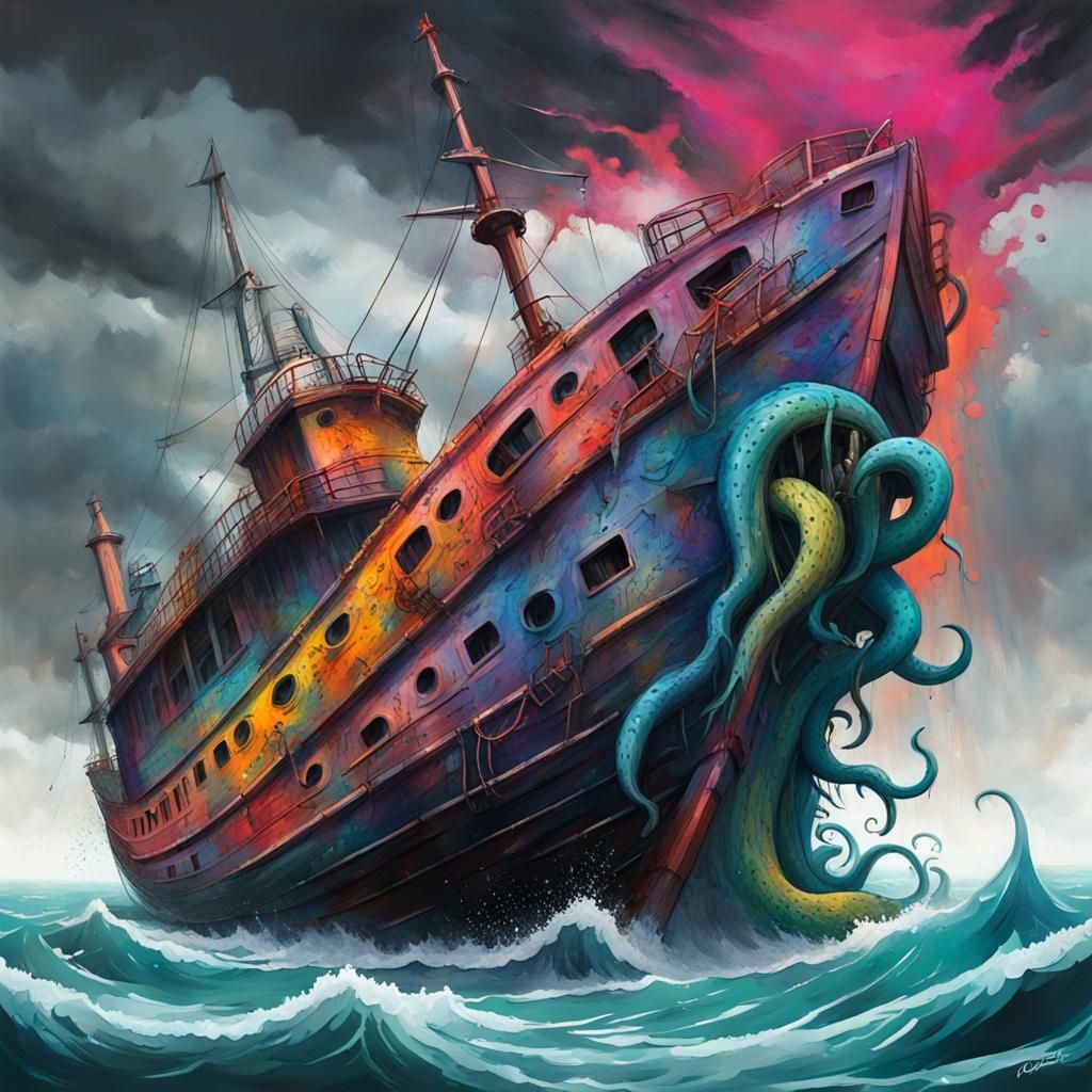 Sea Monster Attacks Ship in Graffiti Art Style