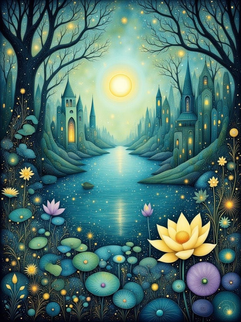 Whimsical Lotus Lake Illustration
