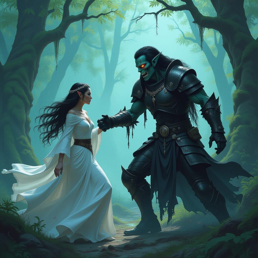 Zombie Elf Attacks Elf in Dark Fantasy Forest
