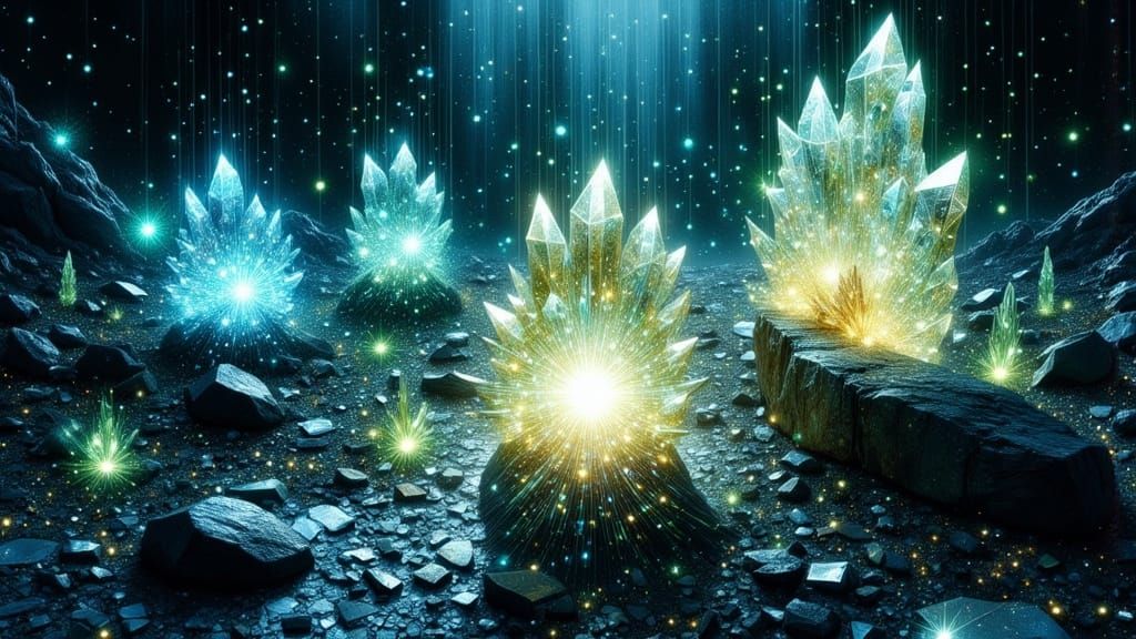 Luminescent Crystal Pawprints in Aurora Borealis Forest