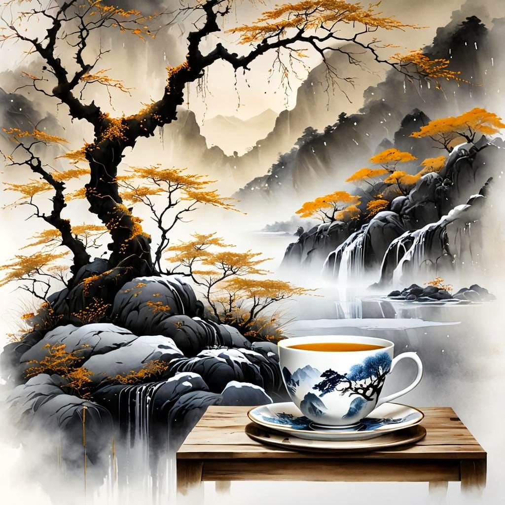 Kintsugi Teacup Creates Winter Garden Landscape in Ink Paint...