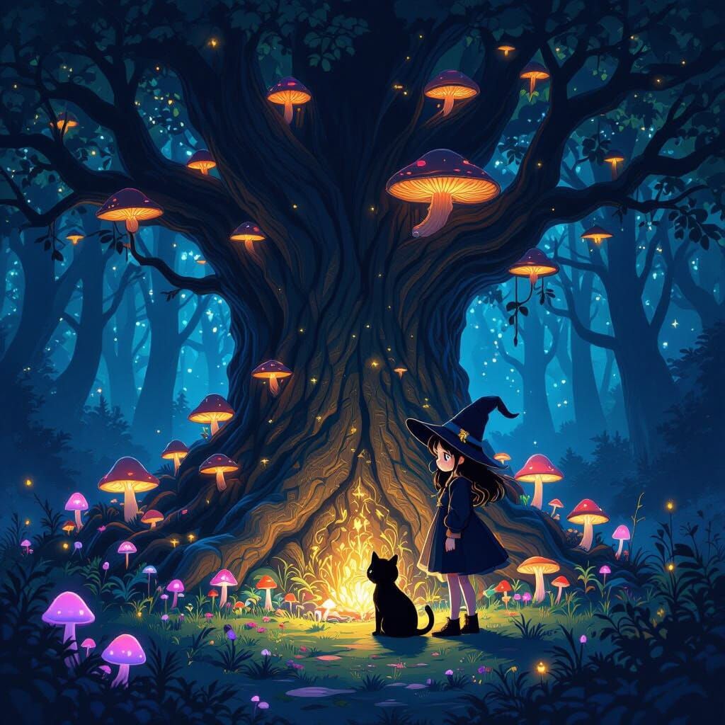 Teen Witch and Cat by Magical Tree in Dark Forest