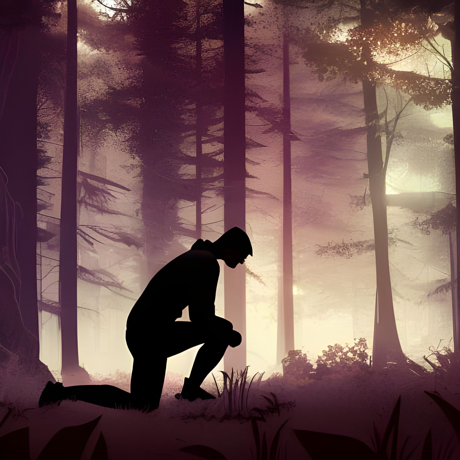 Man Kneeling in Forest Silhouette, Art Nouveau Style